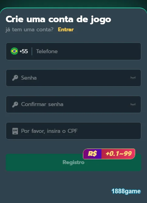 Tela de cadastro de conta na 1888game com dados do usuário.