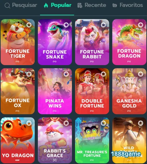 Mosaico de jogos populares no 1888game, incluindo Fortune Tiger.